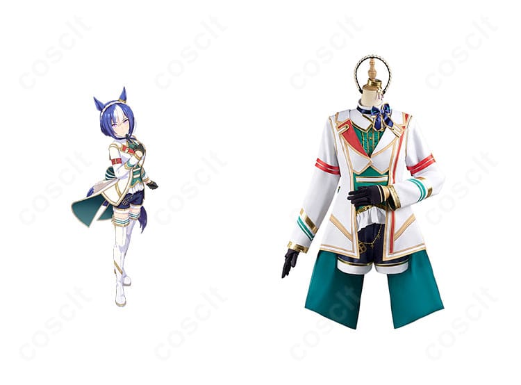 商品正面一式とシーザリオの勝負服コスプレセット。ウマ娘 プリティーダービーの上品な配色と装飾を高再現で撮影。