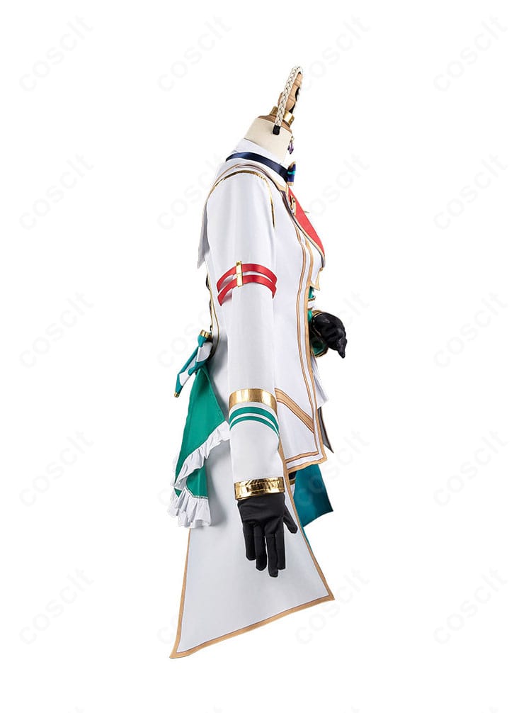 シーザリオ勝負服の右側ディテール。胸元リボンと飾りチェーン、縁取りの意匠を近距離で強調。