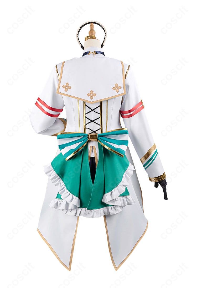 シーザリオ 勝負服コスの背面。大きな蝶結びと背中の装飾配置、裾のラインを確認できる写真。