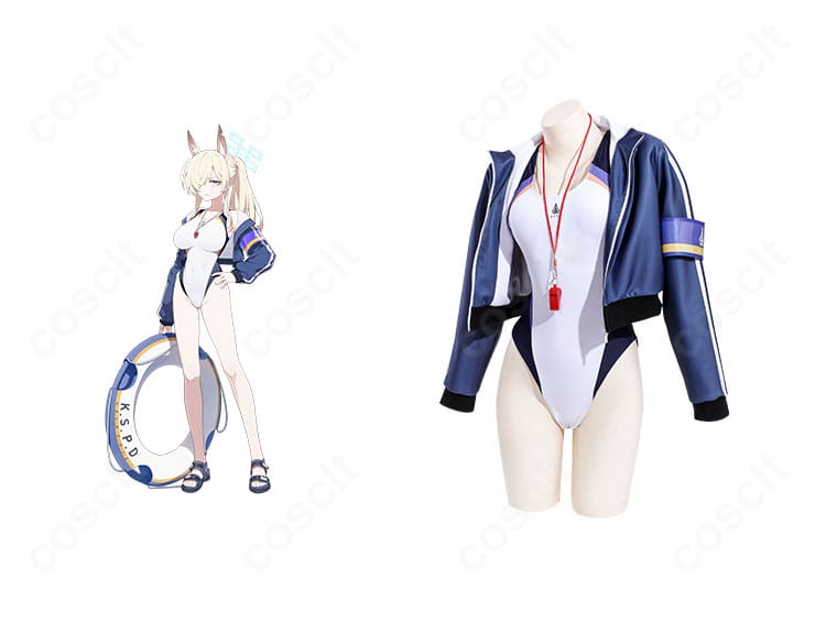 ブルーアーカイブ 尾刃カンナの水着コスプレ。コート・腕章・口笛を合わせた全身コラボカットで高再現の雰囲気を表現。