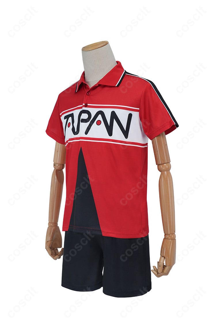 新テニスの王子様 コスプレ衣装の左側面。越前リョーマ・不二周助モデルのジャージ切替と袖丈、ショートパンツのラインを詳細に表示