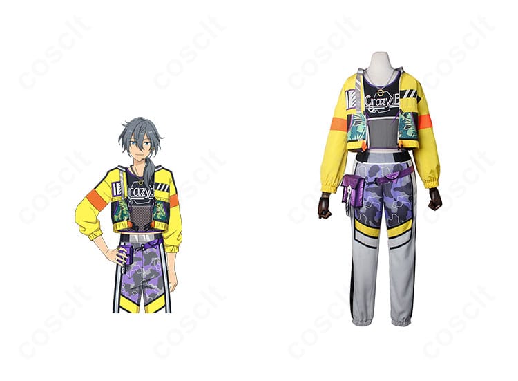 商品正面とキャラクター集合の比較:あんさんぶるスターズ!!Crazy:B(椎名ニキ・天城燐音・HiMERU・桜河こはく)ホットリミット衣装の全体像