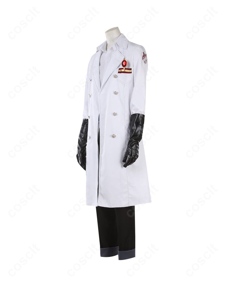 左側面から見た実験着コスチューム。裾の広がりと帯位置、腕周りの可動量がわかる。