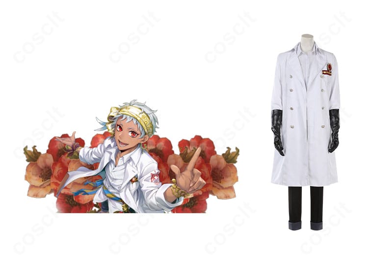 カリム・アルアジームと実物衣装を並べた正面カット。白衣のシルエットと装飾配色を比較できる画像。