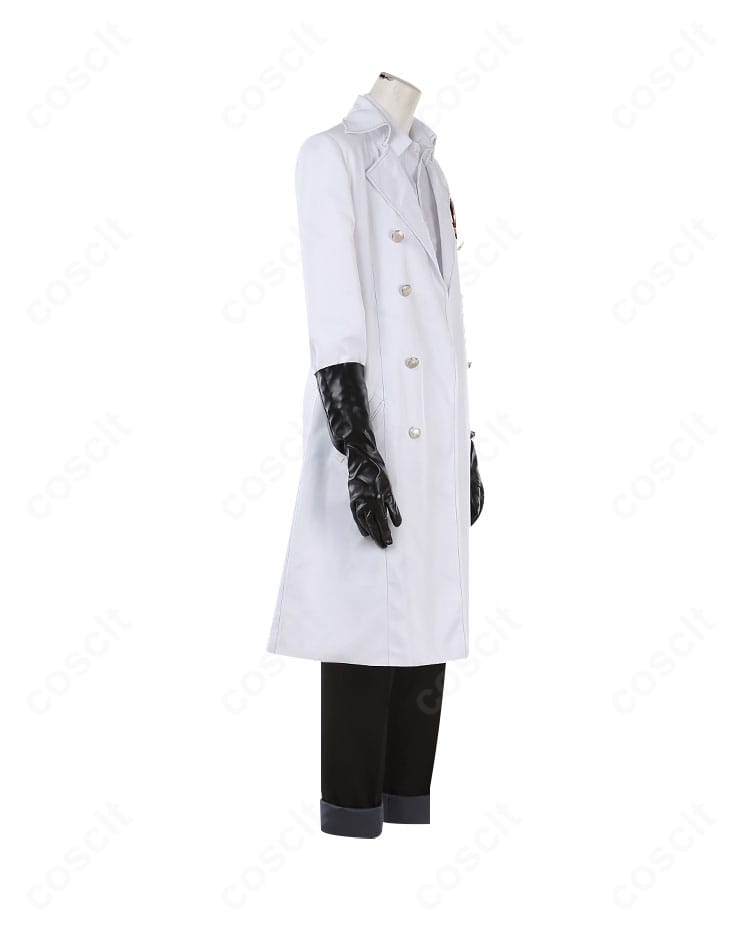 右側面から見た実験着コスチューム。白衣の袖ラインと腰飾りの落ち感を示す画像。