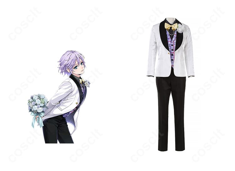 エペル・フェルミエ花婿風コスプレ衣装の正面全身。モデル着用でシルエットと装飾が分かる撮影イメージ