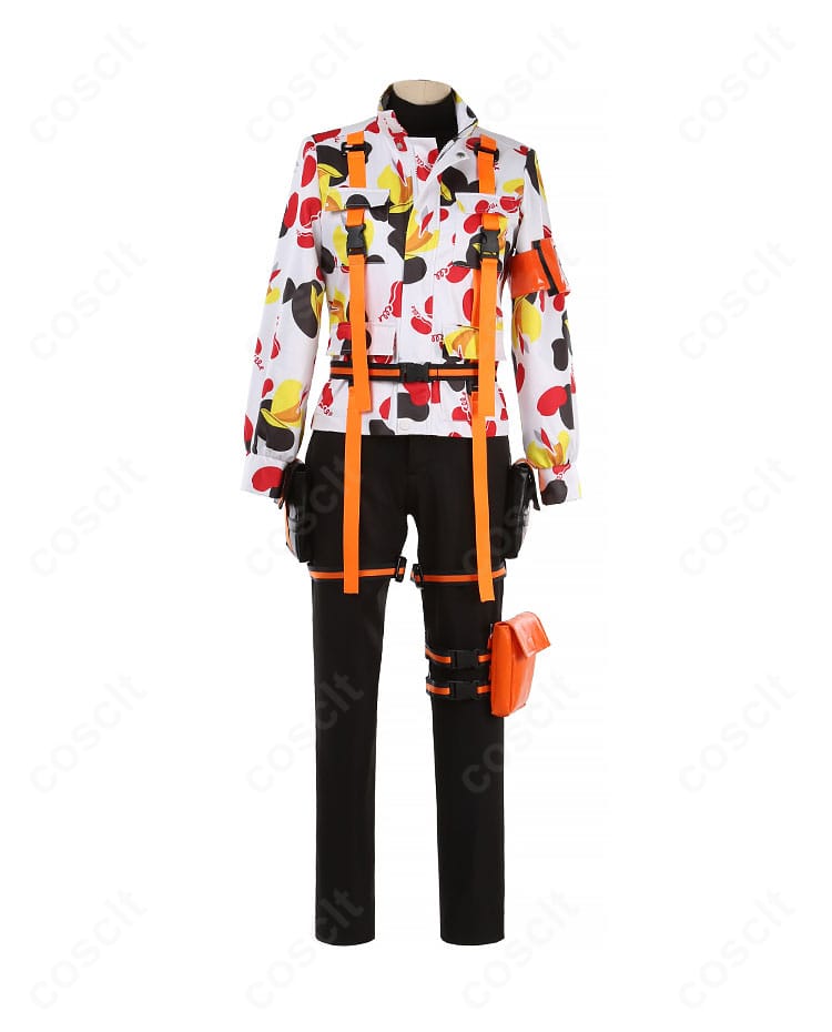 ジェイド・リーチ ビーンズ・カモのコスプレ衣装正面全体像。コートの直線シルエットと配色が分かる構図。