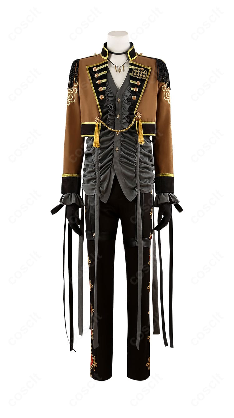 レオナ・キングスカラー コスプレ衣装の正面全体図。コートとシャツ、胸飾りの配置やシルエットが分かる。