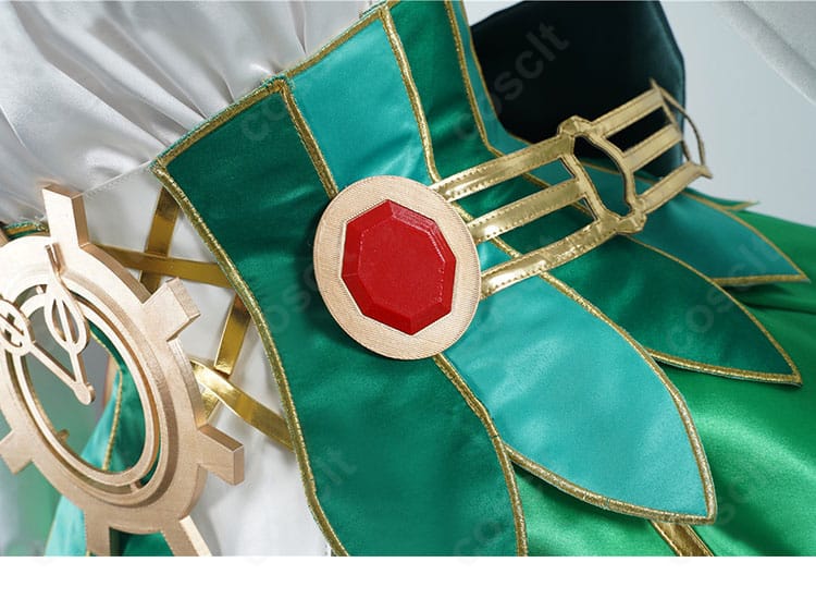 セシリア・イマーグリーン衣装の腰側面ディテール。腰飾りとベルトの重なりで立体感を演出