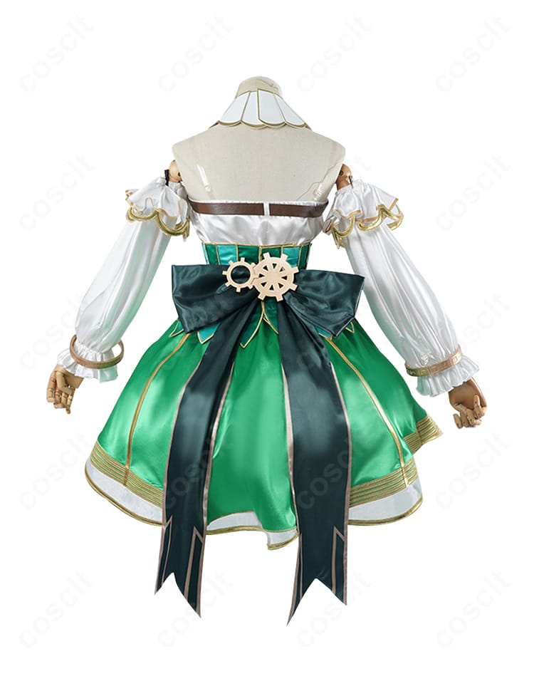 ホロライブ セシリア・イマーグリーン衣装の背面。大きな蝶結びと背部の縫製ライン・開閉部ディテールを強調