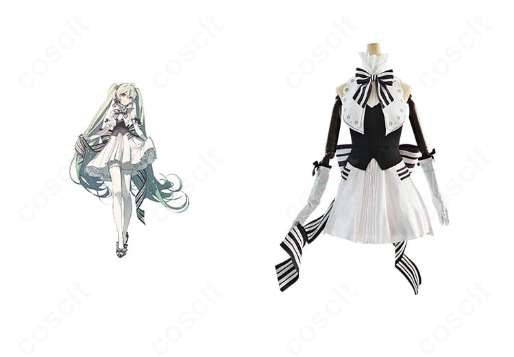 初音ミクシンフォニー2024 初音ミク コスプレ衣装の正面。高再現ワンピースと背部用の大きな蝶結びを装着した全体イメージ。