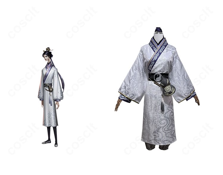 第五人格 白無常(謝必安)のフルセットコスプレ衣装を着用したモデル全身像。白と墨のコントラストと長着のドレープを確認可能。