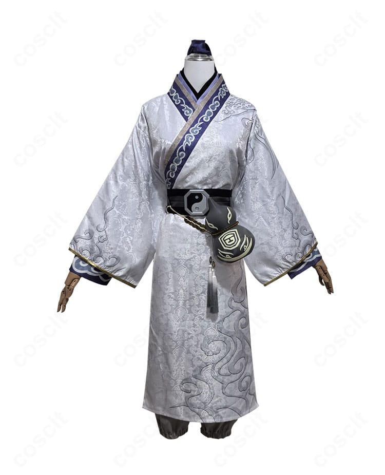 第五人格 白無常(謝必安)コスプレ衣装の正面ディテール。襟元刺繍とベルト位置、インナーの質感が分かる画像。