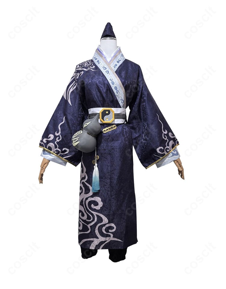 第五人格 黒無常(范無咎)『陰陽司公』コスプレの正面全身。襟元や腰封の位置関係まで忠実に再現。