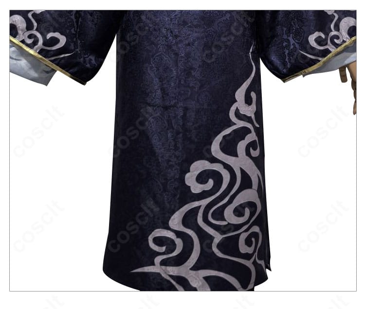 黒無常(范無咎)コスプレ 衣裾装飾のディテール。縁取りと装飾意匠が映える近接ショット。
