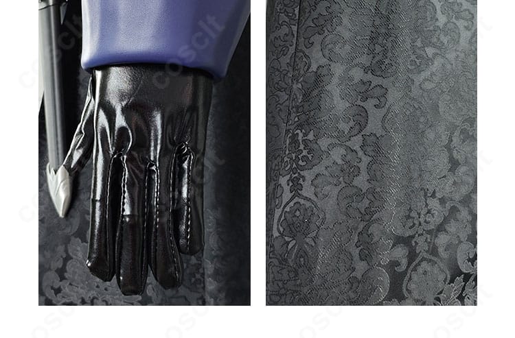 手袋と裾装飾のクローズアップ。ノワールらしいダークでクールな質感