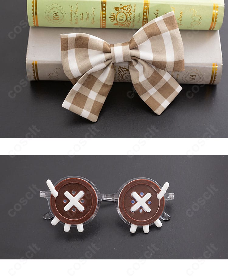 眼鏡と蝶結びの髪飾りの近接。少女・秋の遠足コーデのキーアイテム