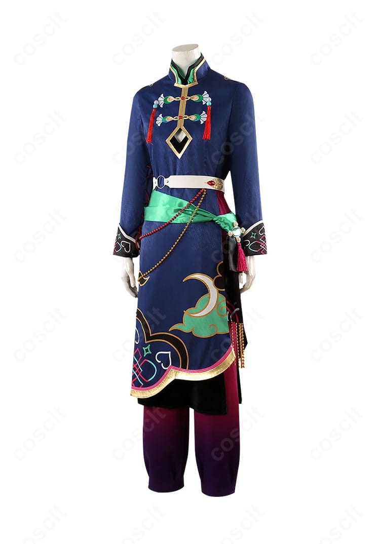 七種茨コスプレ衣装の側面。肩からウエストにかけての直線的ラインとパンツの落ち感を確認できる写真。