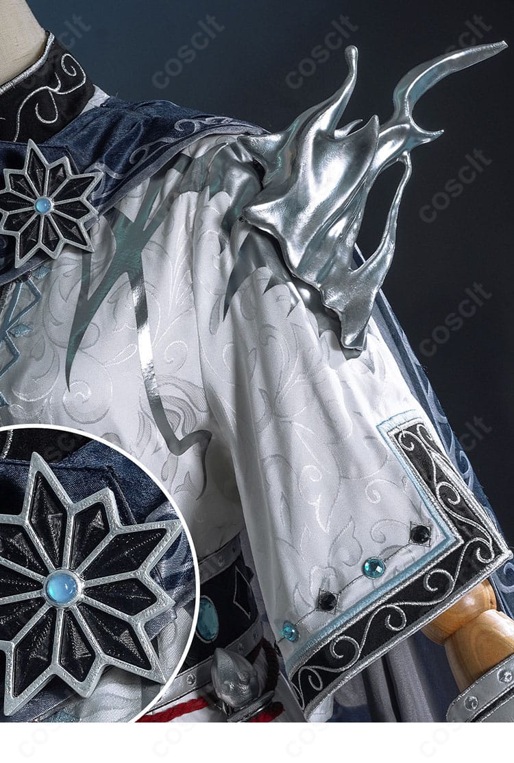 肩から袖にかけての装飾ディテール。縁取りと刺繍の質感が分かる画像。