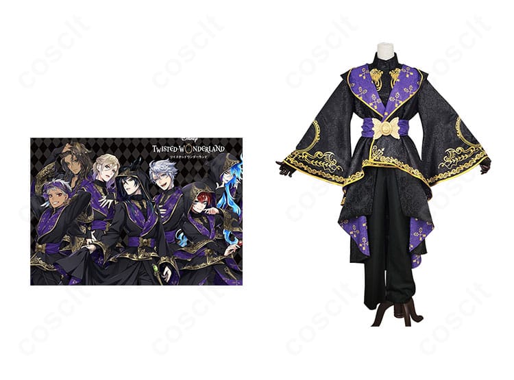 ツイステ 式典服コスプレ衣装の正面と公式ビジュアルの合成。黒基調に金色装飾が映える華やかなデザイン。