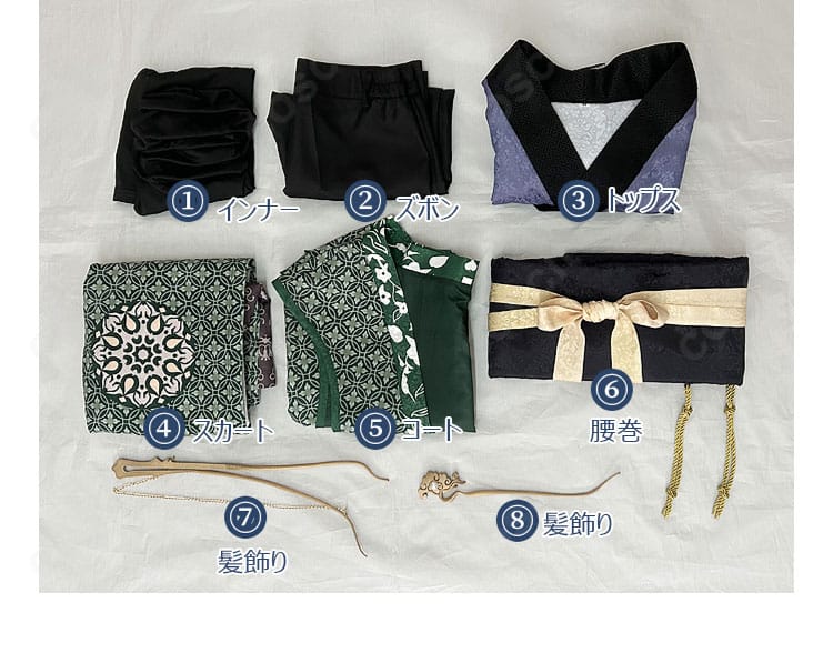 黒神話:悟空 クモ精 4番目の姉コスプレのセット内容一式。コート、トップス、インナー、ズボン、スカート、腰巻、髪飾りを配置。