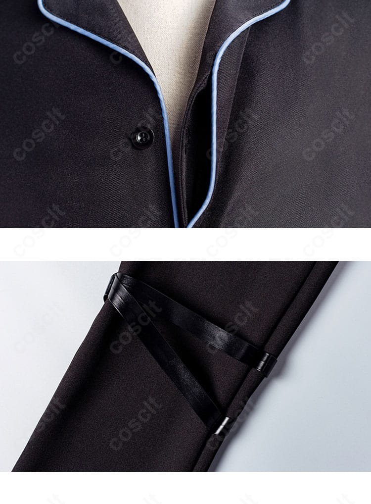 コート襟周りの縫製ディテール。シャープなラペルとステッチでクールな印象を強調。