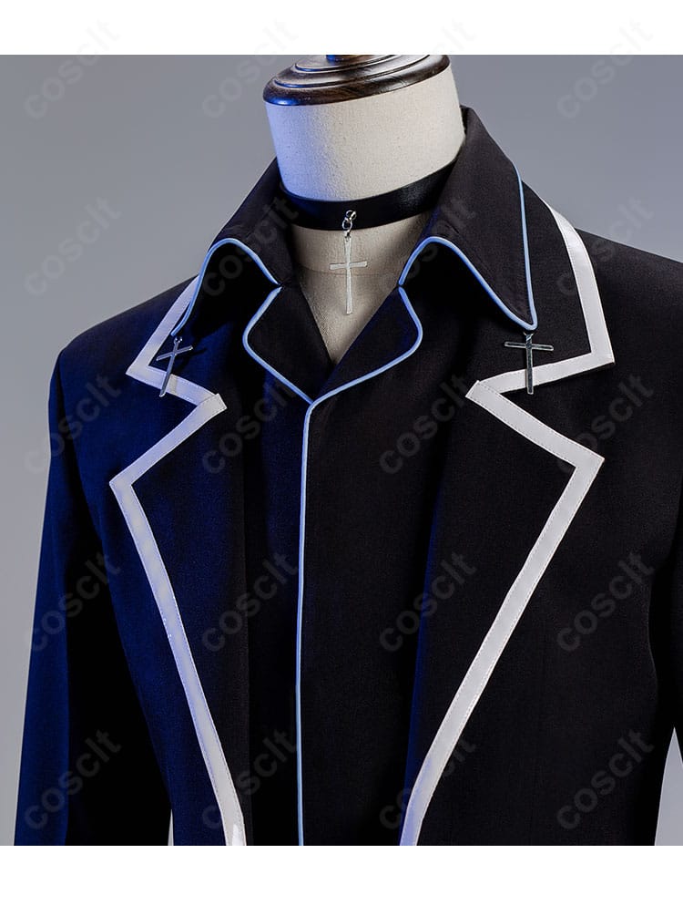 チョーカーと襟元の装飾アップ。月詠イクトを象徴するチョーカーの質感と配置を丁寧に表現。