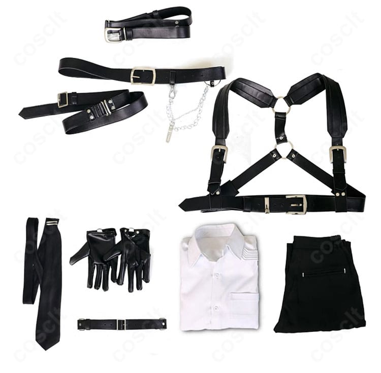 セット内容一覧。シャツ、ズボン、ネクタイ、手袋、太ももベルト、ベルト、ハーネスベルト