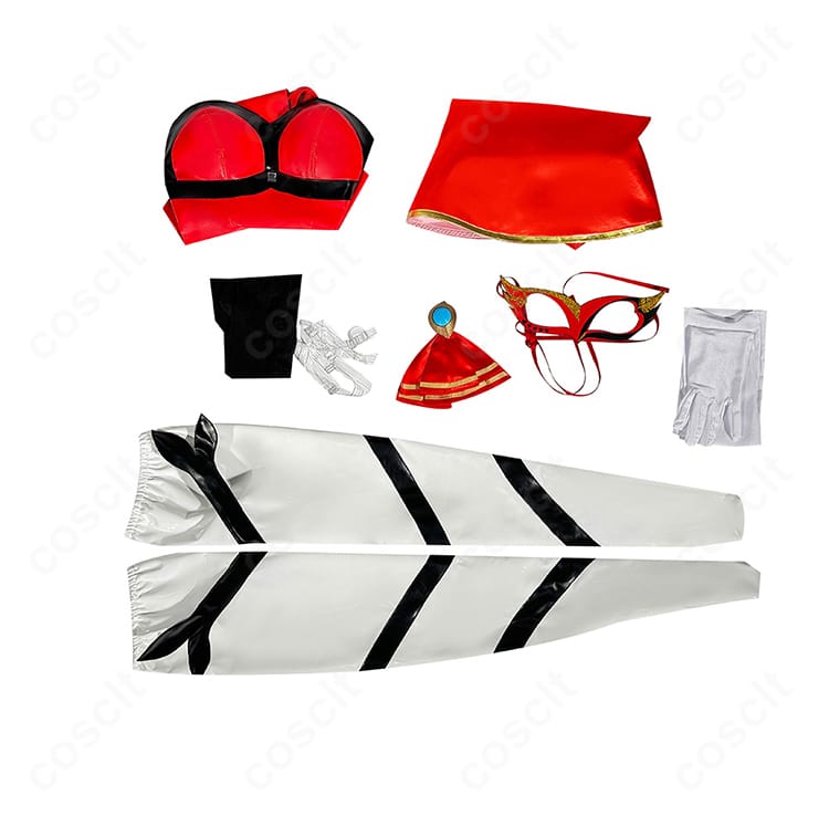 セット内容の並び画像。レオタード、マント、スカーフ、透明ストラップ、靴下、手袋、タイツ、仮面のフルセット構成を一目で確認。