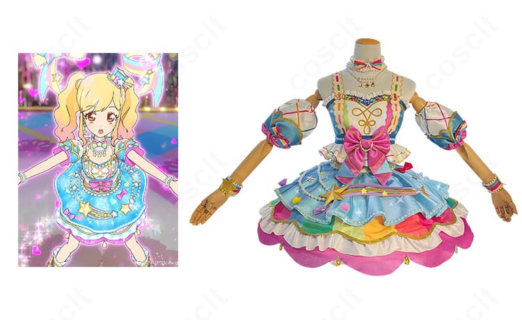 正面全体と虹野ゆめの参考ビジュアルを並置したコスプレ衣装。カラーリングと装飾の一致が分かる比較イメージ。