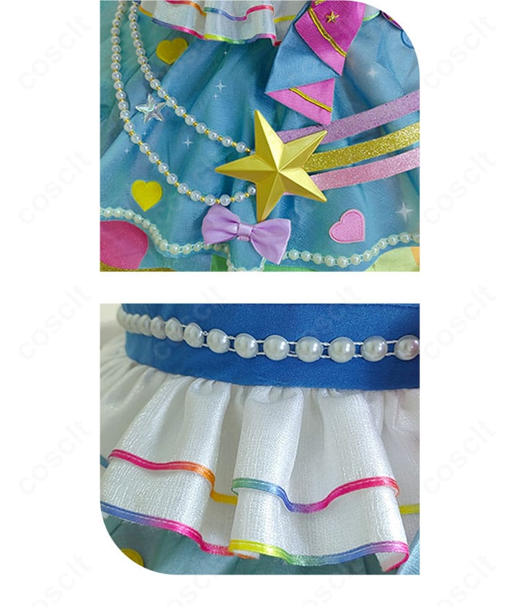 スカート前面装飾のクローズアップ。多層フリルとトリミング、配色バランスが伝わる。