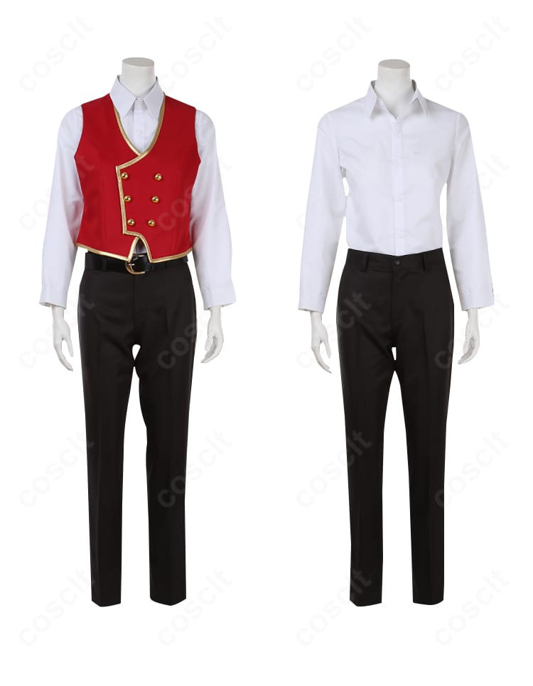 シャツとベストの正面ディテール。生地の微光沢とボタン配置が分かるクローズアップ