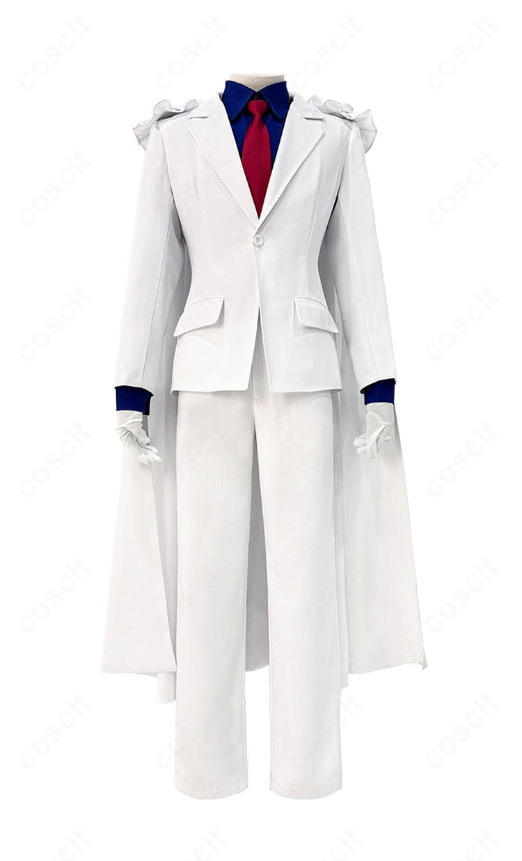 怪盗キッド コスプレ衣装の正面図。マント、コート、シャツ、ズボン、ネクタイ、肩飾り、手袋の構成が一目で分かる画像