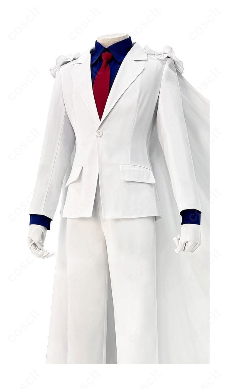 怪盗キッド コスプレ衣装の側面図。ズボンのラインとシャツのシルエット、コートの落ち感を確認できる画像
