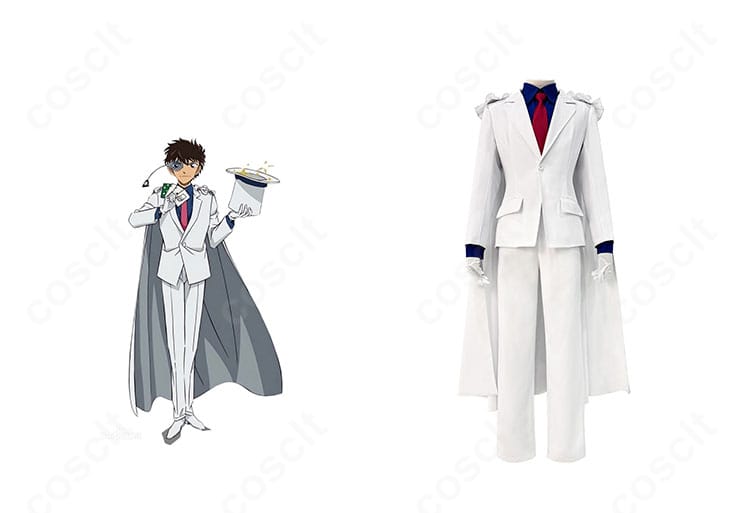 名探偵コナン 怪盗キッド（黒羽快斗）コスプレ衣装の正面全体とキャラクターイメージを並置した紹介画像
