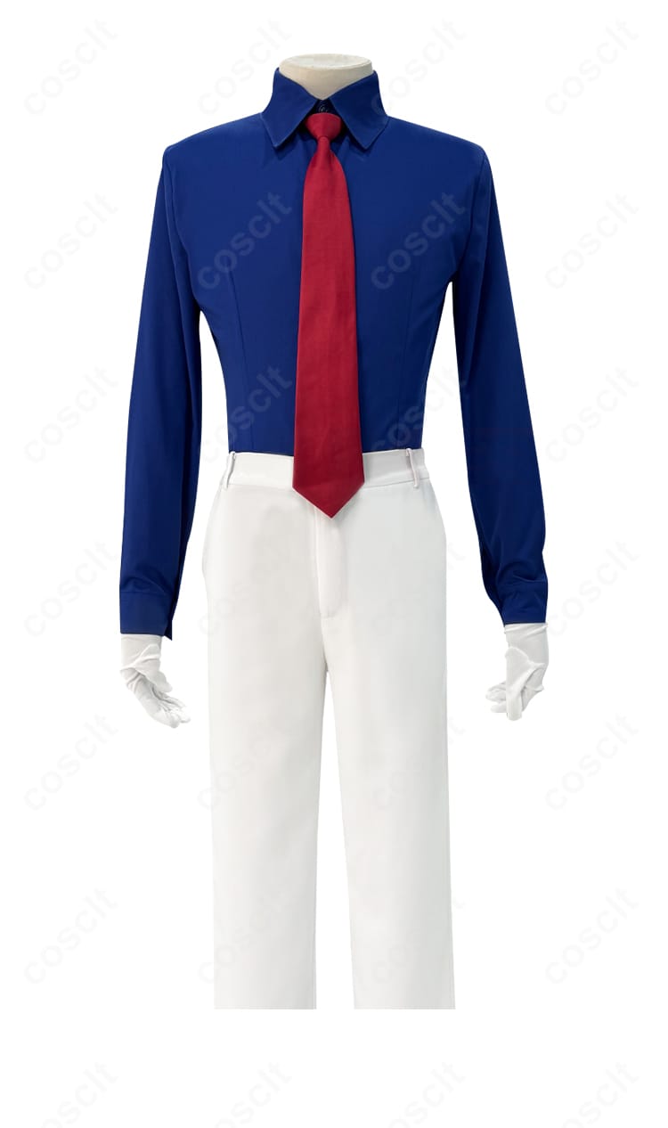 怪盗キッド コスプレ衣装に含まれるシャツのフロントディテール。ボタン配置と襟元、ネクタイの見え方が分かる画像