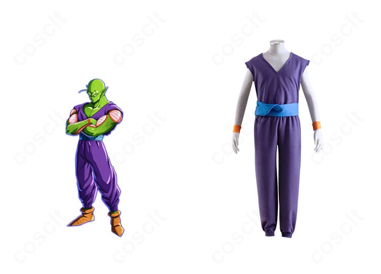 ドラゴンボールのピッコロと衣装一式のコラボ画像。白マントとターバン、紫の武道着を高再現したコスプレセット。