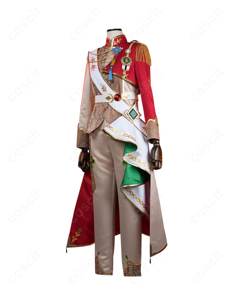 三毛縞 斑 コスプレ衣装の側面。コートのシルエットとベルト位置、袖の落ち感が分かる角度。