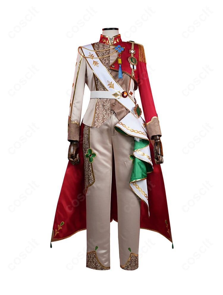 三毛縞 斑 bud(SCR)コスプレ衣装の正面アップ。コートのライン、胸飾り、たすきの配置まで忠実に再現。