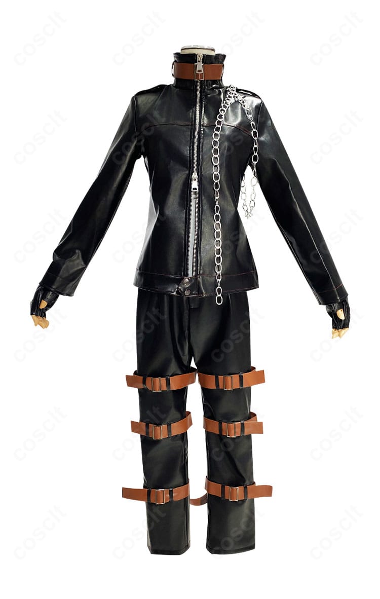 ダークフレイムマスター衣装の正面全身画像。ロングコートとインナー、ベルトの配置を明瞭に表示。