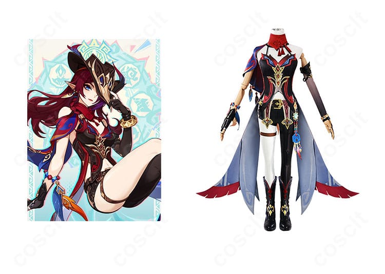 原神のチャスカ公式ビジュアルと衣装正面を並べた比較イメージ。配色とシルエットの再現度が分かる構図。