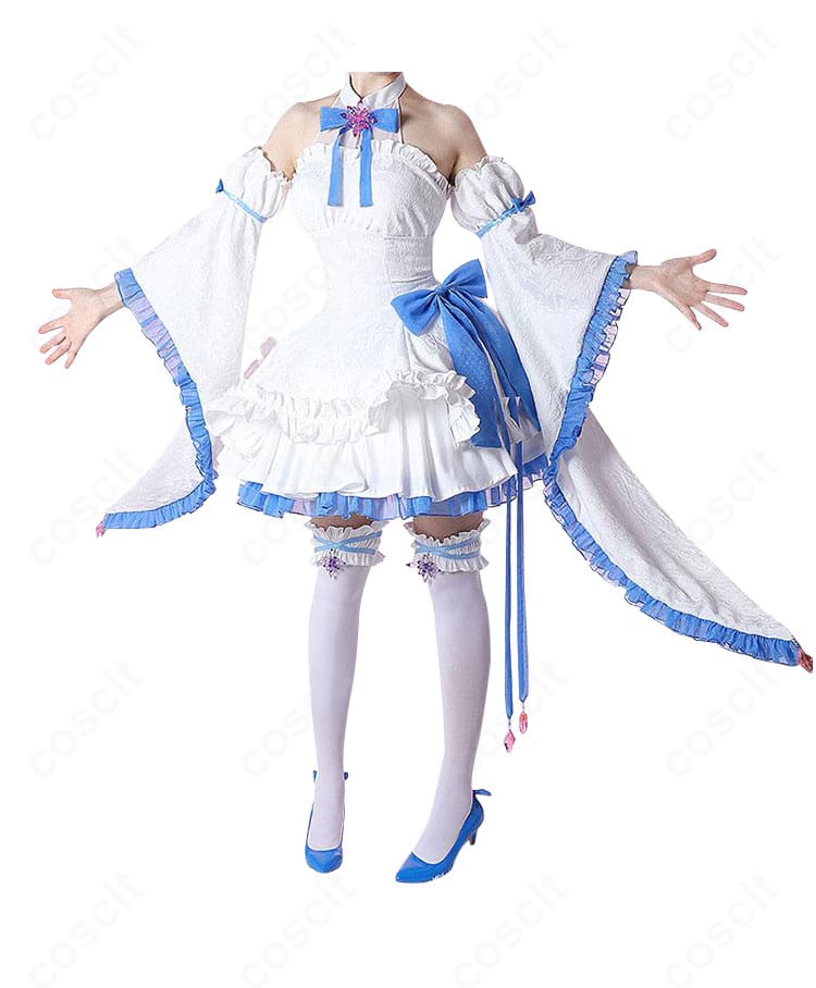 Re:ゼロ レム グラスエディション衣装の正面全体。オフショルダーの胸元ラインとウエストリボンの配置が分かる写真。