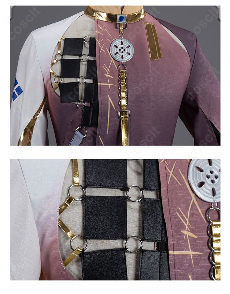 アークナイツ ジー コスプレ衣装の胸前装飾アップ。メタル調パーツとストラップの質感が分かる。