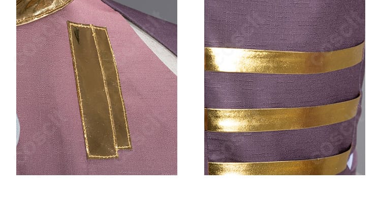 アークナイツ ジー コスプレ衣装の襟周り詳細。衣襟の縁取りと留め具の構造、配色のコントラストを強調。