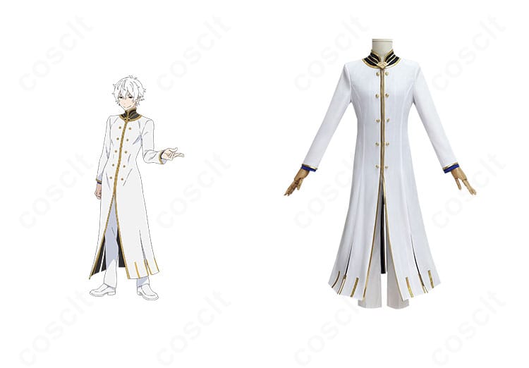 正面全体像とキャラクター参照を並置した画像。レグルス・コルニアスのスーツ衣装をRe:ゼロ準拠で高再現。