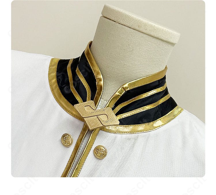 襟飾りのアップ。レグルス・コルニアスの特徴的な襟元デザインと留め具の構造を確認。