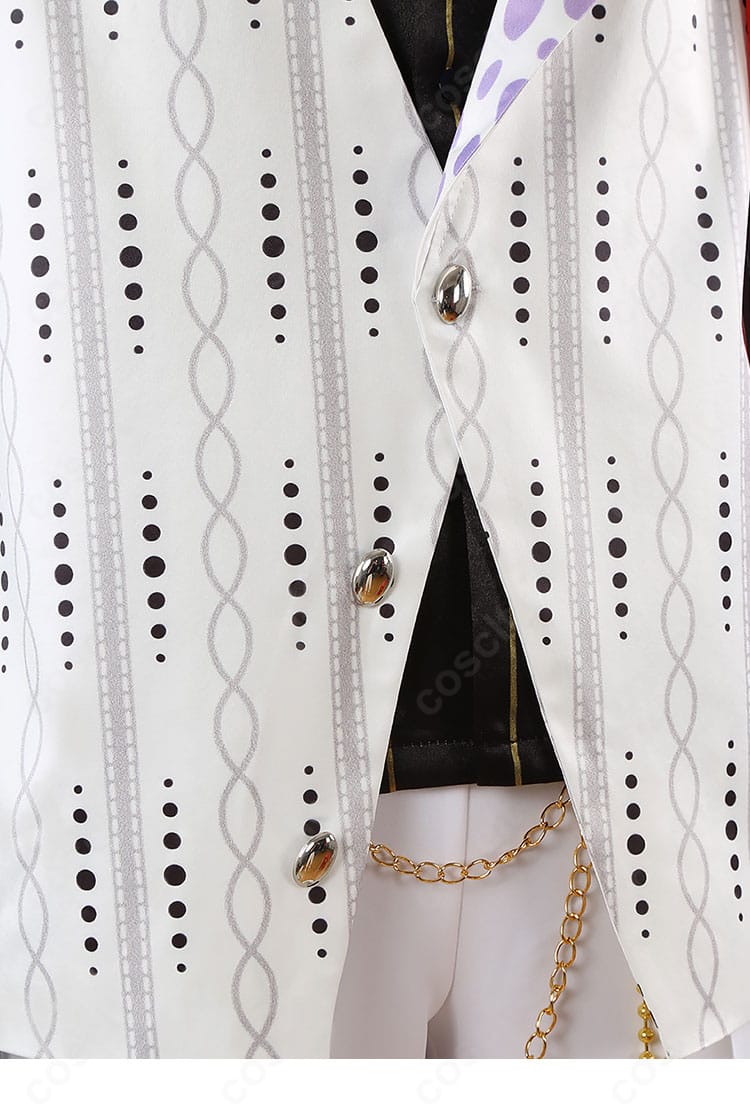 外套の門襟ボタン周りの装飾。ボタン意匠とステッチワークの近接画像。