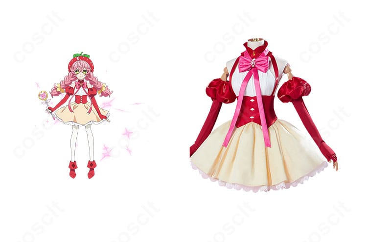 アクロトリップのベリーブロッサム衣装一式の正面カット。キャラクターの配色とシルエットを忠実再現し、帽子・髪飾り・靴下まで揃った高再現コスプレ。