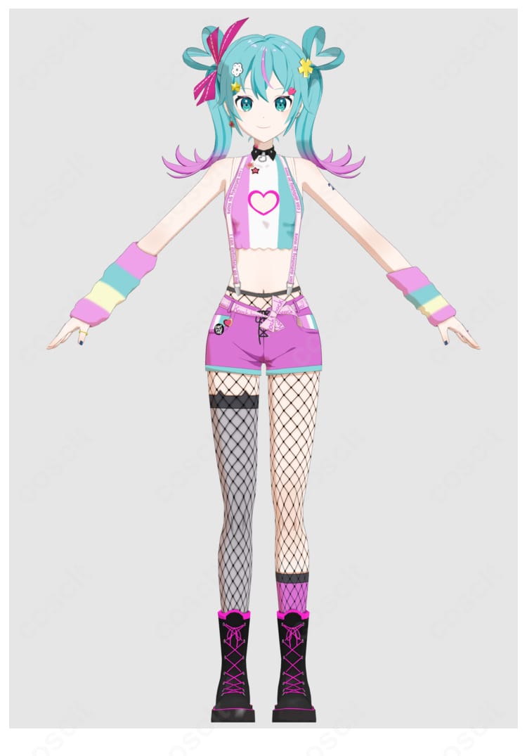 初音ミク『あいたい星人』コスプレ衣装の全身。トップス＋ショートパンツ＋サスペンダー＋網タイツ＋アームカバーのセットで、通気性とハリ感が映えるイベント向けスタイル。