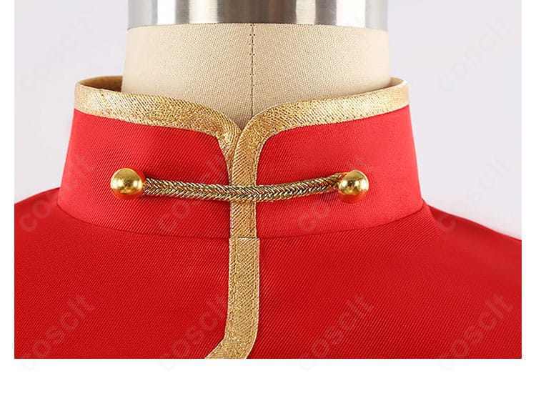 特徴的な襟デザインの詳細。縁取りとカーブの美しさを強調